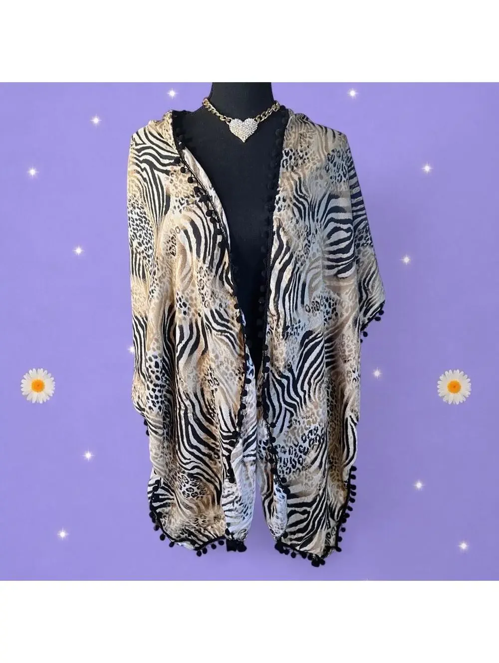 Vintage Y2K Print Zebra Leopard Pom Pom Shawl Wrap Kimono Cover Up One Size 🤎